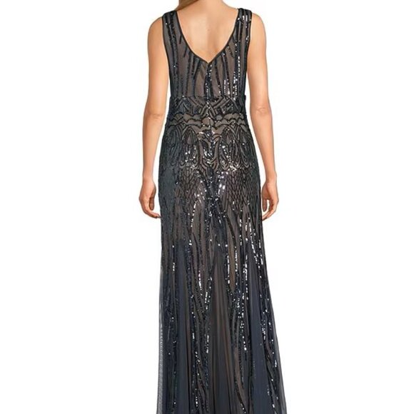 R & M Richards Sleeveless V-Neck Godet Skirt Embellished Long Sequin Dress - Picture 2 of 15